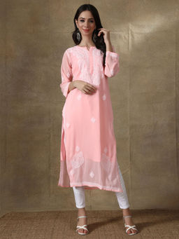 Seva Chikan - Hand Embroidered Pink Georgette Lucknowi Chikankari Kurta with Inner (Set of 2)