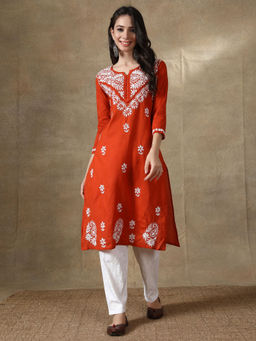 Seva Chikan - Hand Embroidered Rust Cotton Lucknowi Chikankari Kurta