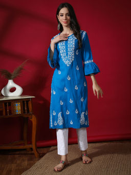 Seva Chikan - Hand Embroidered Firozi Blue Cotton Lucknowi Chikankari Kurta