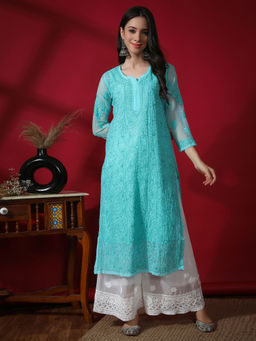 Seva Chikan - Hand Embroidered Sea Green Georgette Chikankari Kurta with Inner (Set of 2)