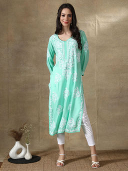 Seva Chikan - Hand Embroidered Sea Green Modal Lucknowi Chikankari Kurta