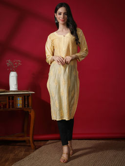 Seva Chikan - Hand Embroidered Beige Chanderi Lucknowi Chikankari Kurta