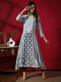 Seva Chikan - Hand Embroidered Grey Georgette Lucknowi Chikankari Anarkali