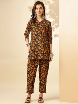 Shaily - Women's Black Floral Printed Cotton Blend Casual Co-Ord (Set of 2)