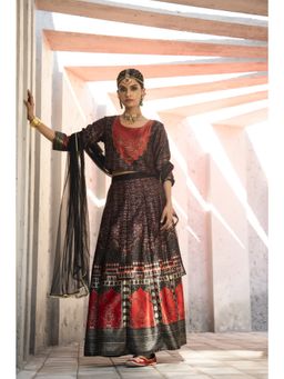 Juniper - Black Ethnic Motif Printed Dull Satin Lehenga Choli & Net Dupatta Set