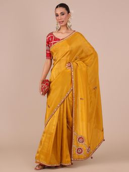 House of Surya - Mustard Tissue Organza Saree with Stitched Blouse