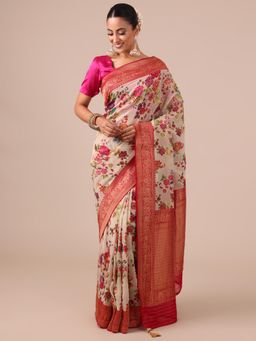 House of Surya - Cream Georgette Saree with Unstitched Blouse