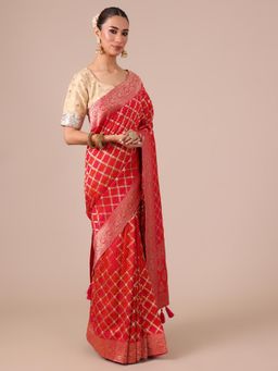 House of Surya - Red Dola Silk Saree with Unstitched Blouse