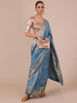 House of Surya - Sky Blue Tussar Silk Saree with Unstitched Blouse