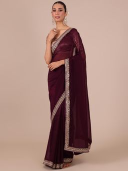 House of Surya - Maroon Silk Saree with Unstitched Blouse
