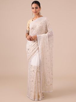 House of Surya - White Chikankari Georgette Saree with Unstitched Blouse