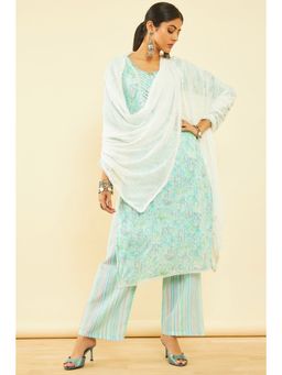 Soch - Women Turquoise Cotton Floral Print Unstitched Dress Material