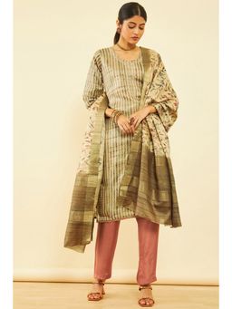 Soch - Women Olive Silk Stripes Unstitched Dress Material