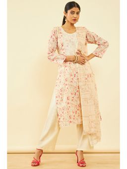 Soch - Women Beige Cotton Embroidered Unstitched Dress Material