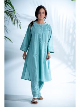 PANTS AND PAJAMAS - Misty Aqua Chikankari in Cotton Kurta and Cotton Bottom (Set of 2)