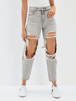 American Eagle - Women Grey Ripped Mom Straight Jean