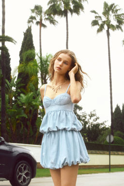 H&M - Women Blue Bubble-Hem Denim Skirt