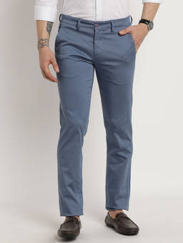 Turtle - Men Cotton Stretch Ultra Slim Fit Blue Printed Flat Front Casual Trouser