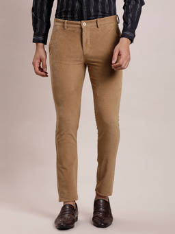 Turtle - Men Corduroy Ultra Slim Fit Brown Dobby Flat Front Casual Trouser