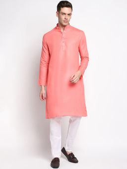 Devoiler - Men Plain Peach Cotton Kurta
