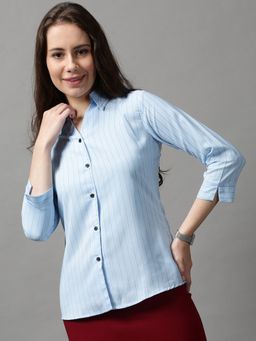 SHOWOFF - Women's Spread Collar Striped Blue Polyester Shirt