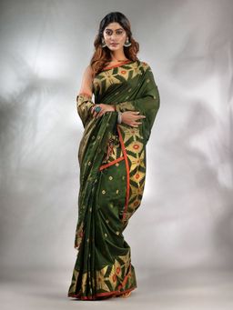 CHARUKRITI - Seaweed Green Cotton Handwoven Saree with Texture Pattern & Unstitched Blouse
