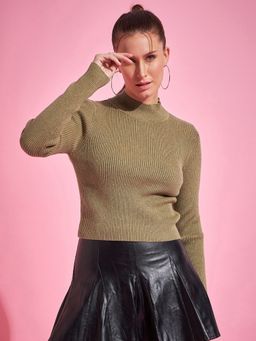 98 Degree North - Women High Neck Full Sleeve Sweater Olive