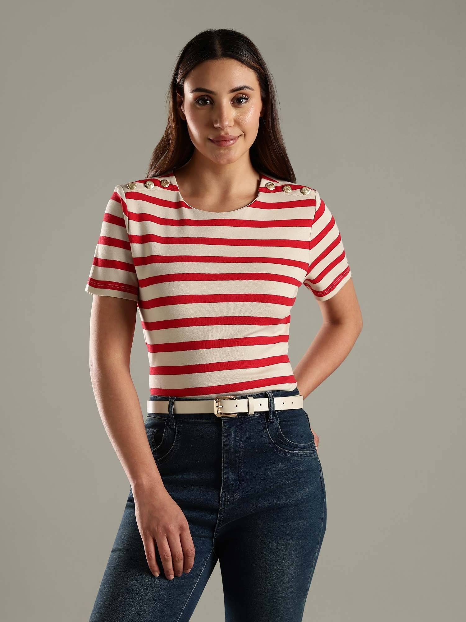 Buy Tommy Hilfiger Red Striped Regular Fit Cotton T-Shirt (XS) Online
