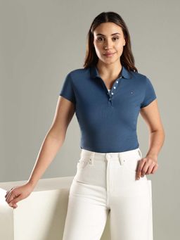 Tommy Hilfiger - Blue Solid Slim Fit Cotton Polo T-Shirt