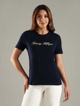 Tommy Hilfiger - Navy Blue Embroidered Logo Regular Fit Cotton T-Shirt