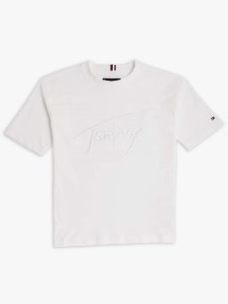 Tommy Hilfiger - Boys White Embroidered Logo Relaxed Fit Cotton T-Shirt