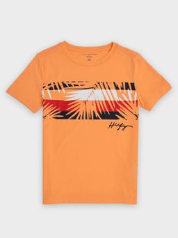 Tommy Hilfiger - Boys Orange Printed Regular Fit Cotton T-Shirt