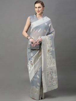Akhilam - Womens Cotton Silk Grey Woven Design Saree with Unstitched Blouse