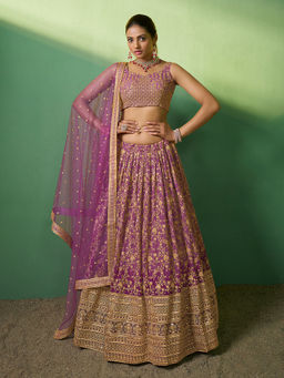 Odette - Women Lavender Embroidered Gerorgette Semi Stitched Lehenga with Unstitched Blouse (Set of 3)