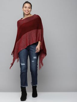 SHOWOFFFF - Womens Sleeveless Longline Maroon Self Design Poncho