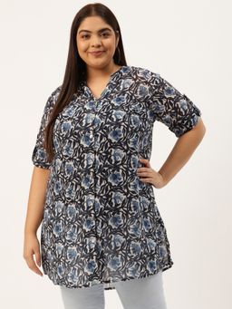 theRebelinme - Womens Blue andOff White Floral Printed Longline Shirt