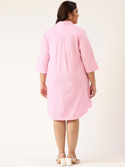 Buy theRebelinme Plus Size Womens Pink Solid Color Cotton Shirt Dress Online