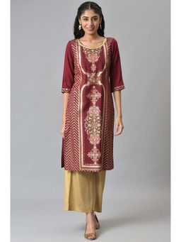 Aurelia - Women Maroon Festive Floral Print Rayon Kurta