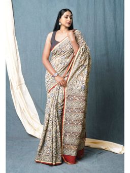 Unnati Silks - Beige Pure Discharge Bagru Printed Pashmina Sico Saree with Unstitched Blouse