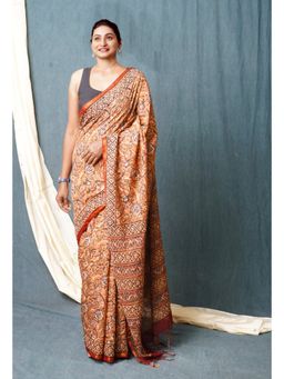 Unnati Silks - Rust Pure Discharge Bagru Printed Pashmina Sico Saree with Unstitched Blouse