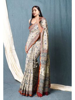 Unnati Silks - Off White Pure Discharge Bagru Printed Pashmina Sico Saree with Unstitched Blouse