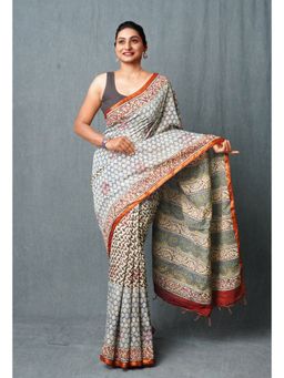 Unnati Silks - Grey Pure Discharge Bagru Printed Pashmina Sico Saree with Unstitched Blouse