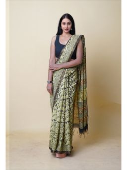 Unnati Silks - Black Pure Discharge Bagru Printed Pashmina Sico Saree with Unstitched Blouse