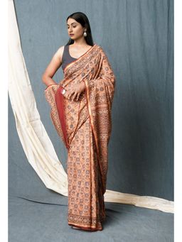 Unnati Silks - Rust Pure Discharge Bagru Printed Pashmina Sico Saree with Unstitched Blouse