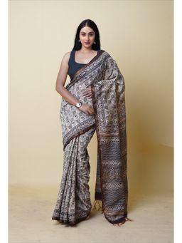 Unnati Silks - Grey Pure Discharge Bagru Printed Pashmina Sico Saree with Unstitched Blouse
