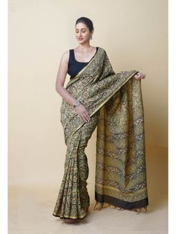 Unnati Silks - Green Pure Discharge Bagru Printed Pashmina Sico Saree with Unstitched Blouse