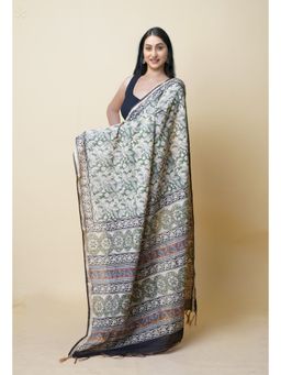 Unnati Silks - Beige Pure Discharge Bagru Printed Pashmina Sico Saree with Unstitched Blouse
