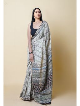 Unnati Silks - Ivory Pure Discharge Bagru Printed Pashmina Sico Saree with Unstitched Blouse