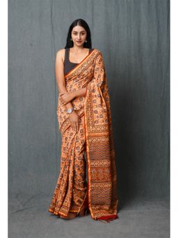 Unnati Silks - Orange Pure Discharge Bagru Printed Pashmina Sico Saree with Unstitched Blouse