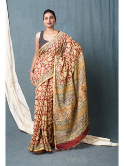 Unnati Silks - Red Pure Discharge Bagru Printed Pashmina Sico Saree with Unstitched Blouse